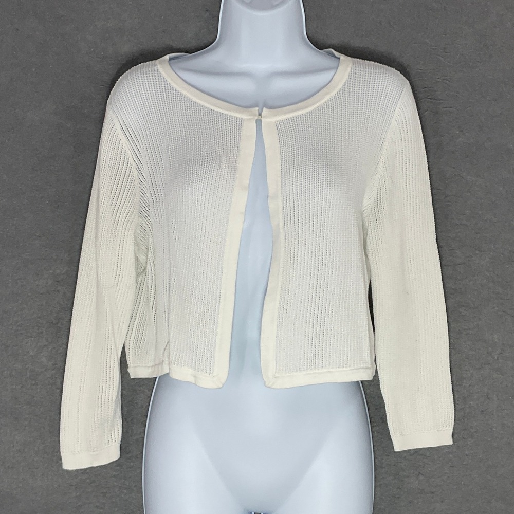 Talbots Womens‎ Cardigan Sweater Medium M White Knit Open Front 3/4 Sleeve